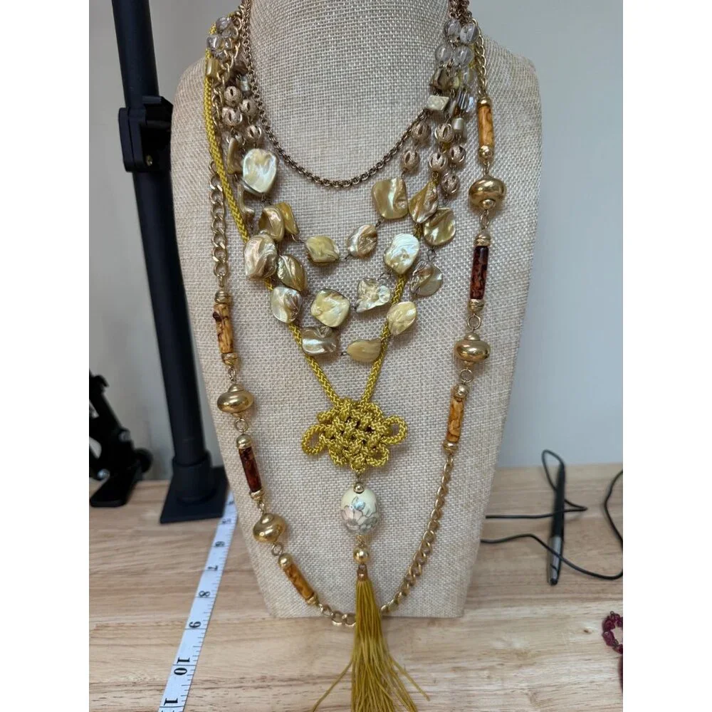 Vintage Multilayer Gold & Yellow Beaded Necklaces With Tassel , Set of Four - Picture 2 of 9